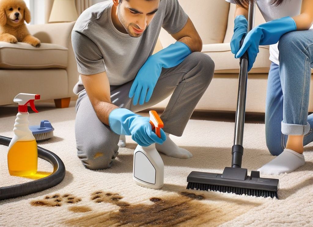 A man and a woman are cleaning a carpet with a vacuum cleaner.