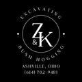 Logo for Z&K Excavating & Bush Hogging, Ashville, Ohio. Black background with white text and a circle containing the letters "Z & K".