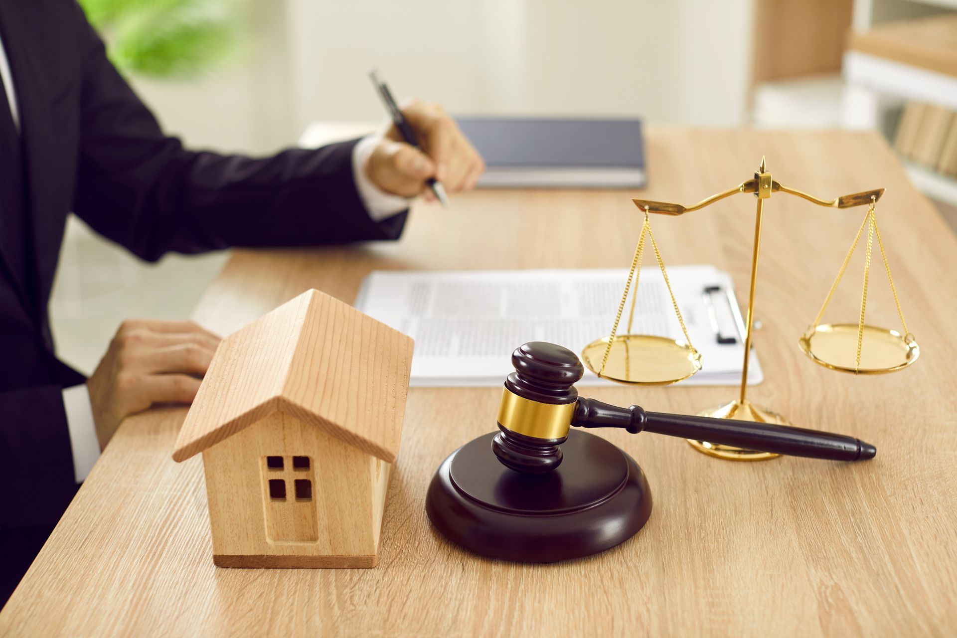 Lawyer at desk with gavel, scales, and model house, writing on paper.