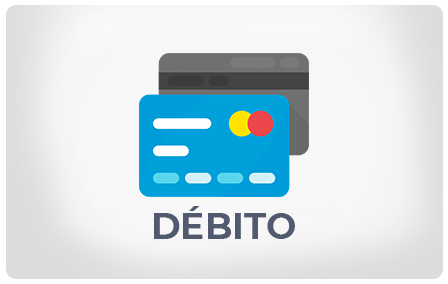 Un icono de tarjeta de débito azul con un logotipo amarillo y rojo, sobre un fondo gris, con la palabra