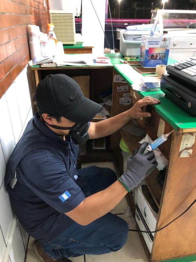 Un técnico de control de plagas, con mascarilla y guantes