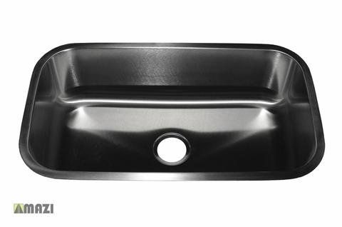 A black stainless steel sink with a hole in the middle