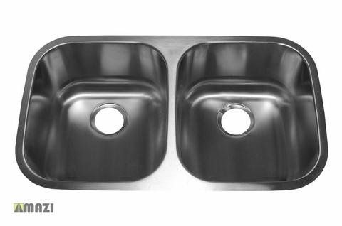 A stainless steel kitchen sink with two bowls and a drain hole