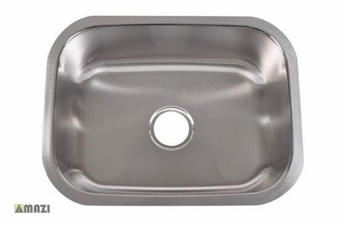 A stainless steel sink with a hole in the middle on a white background.