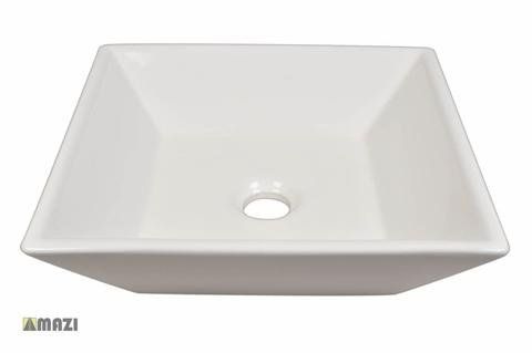 A white square sink with a hole in the middle on a white background.
