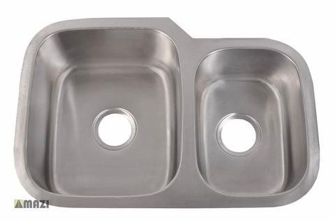 A stainless steel kitchen sink with two bowls on a white background.
