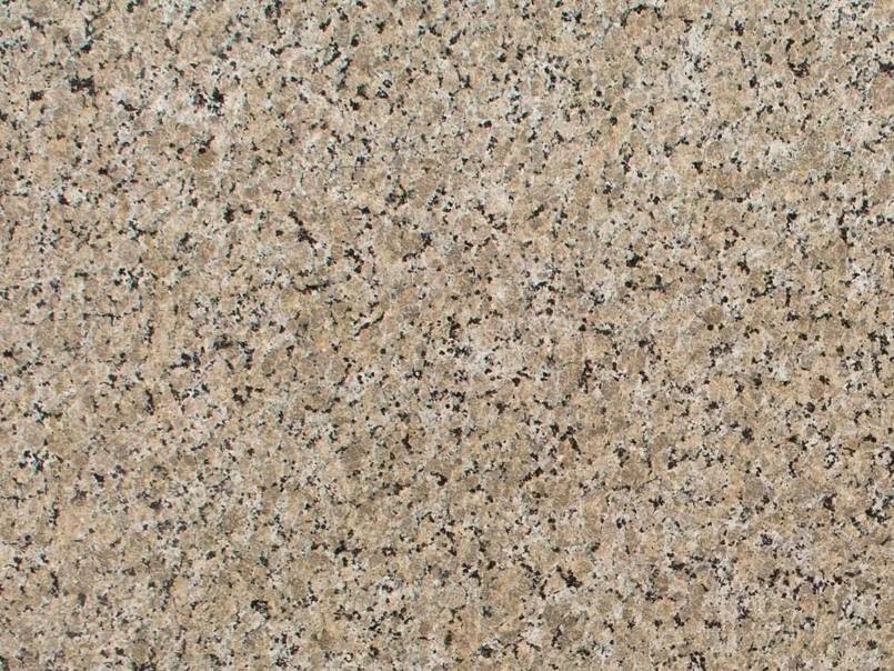 A close up of a beige granite counter top with black spots.