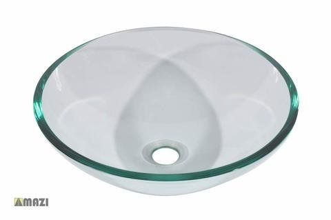 A round glass sink with a hole in the middle on a white background.