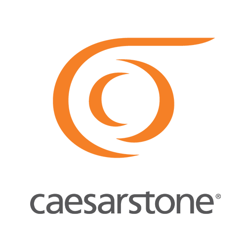 A caesarstone logo with an orange swirl on a white background