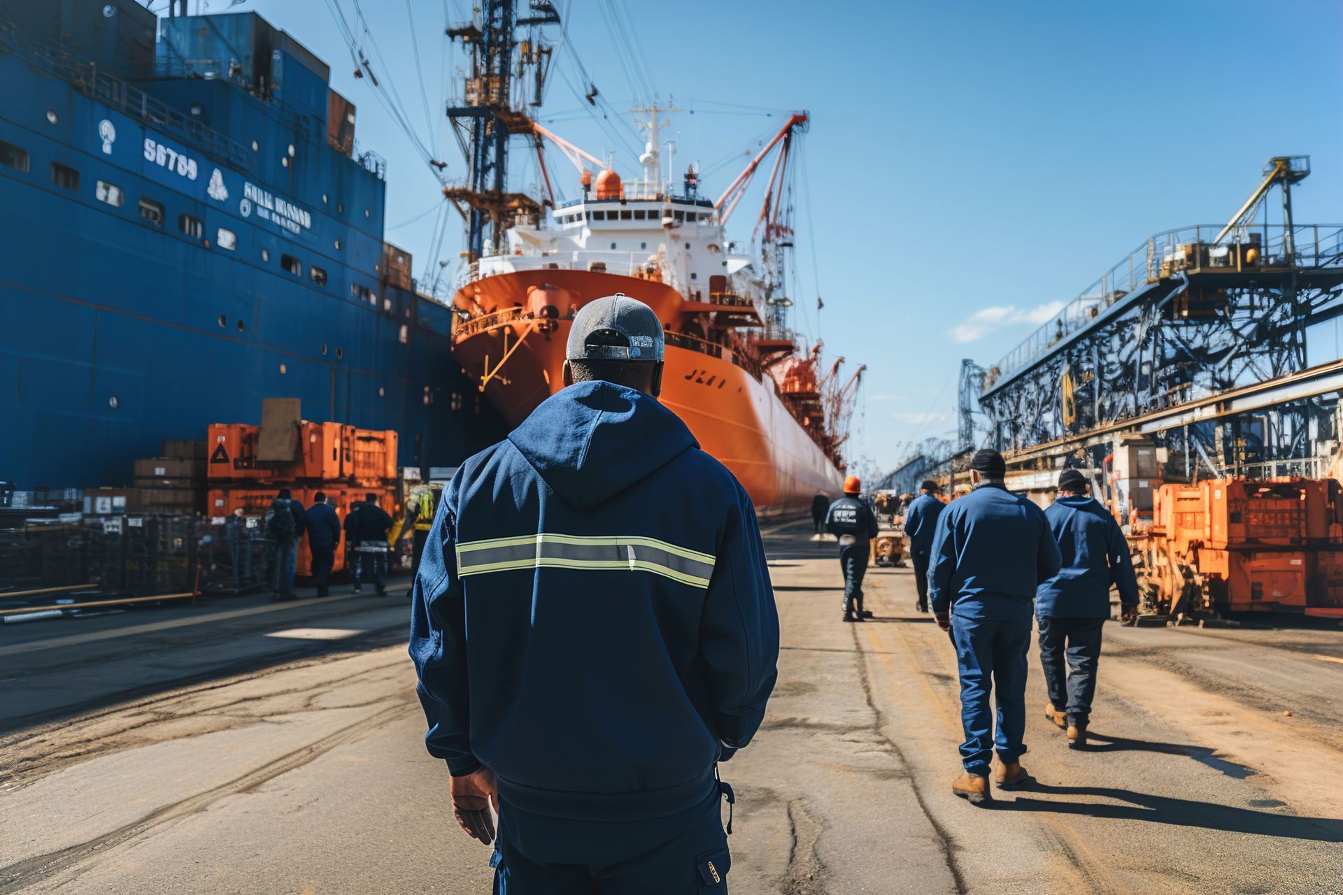 Workers in blue coveralls walking toward large ships at a shipyard on a sunny day.
