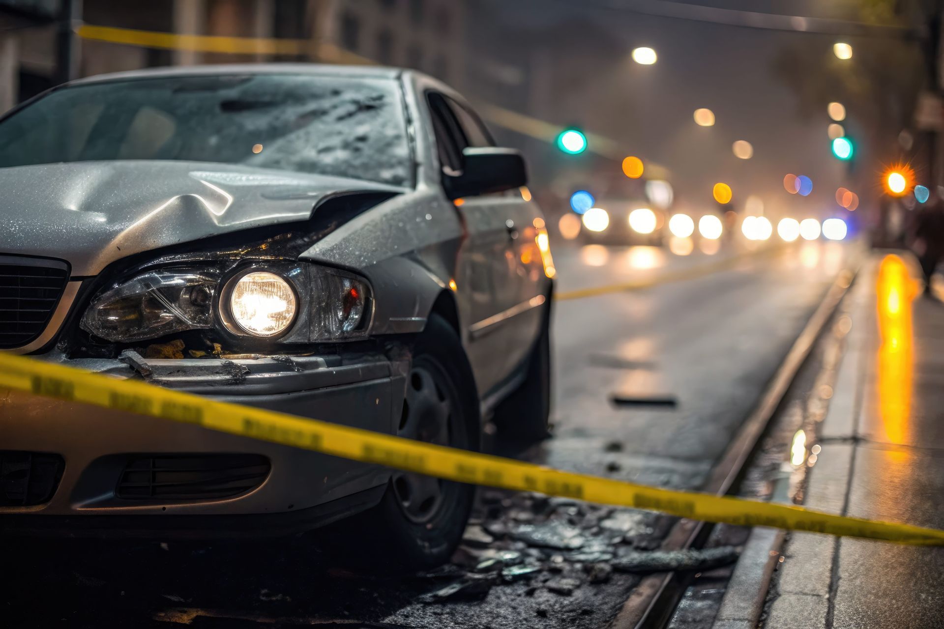 A silver car with front-end damage sits behind yellow police caution tape on a wet city street at night.