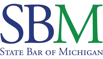 The logo for the state bar of michigan is blue and green