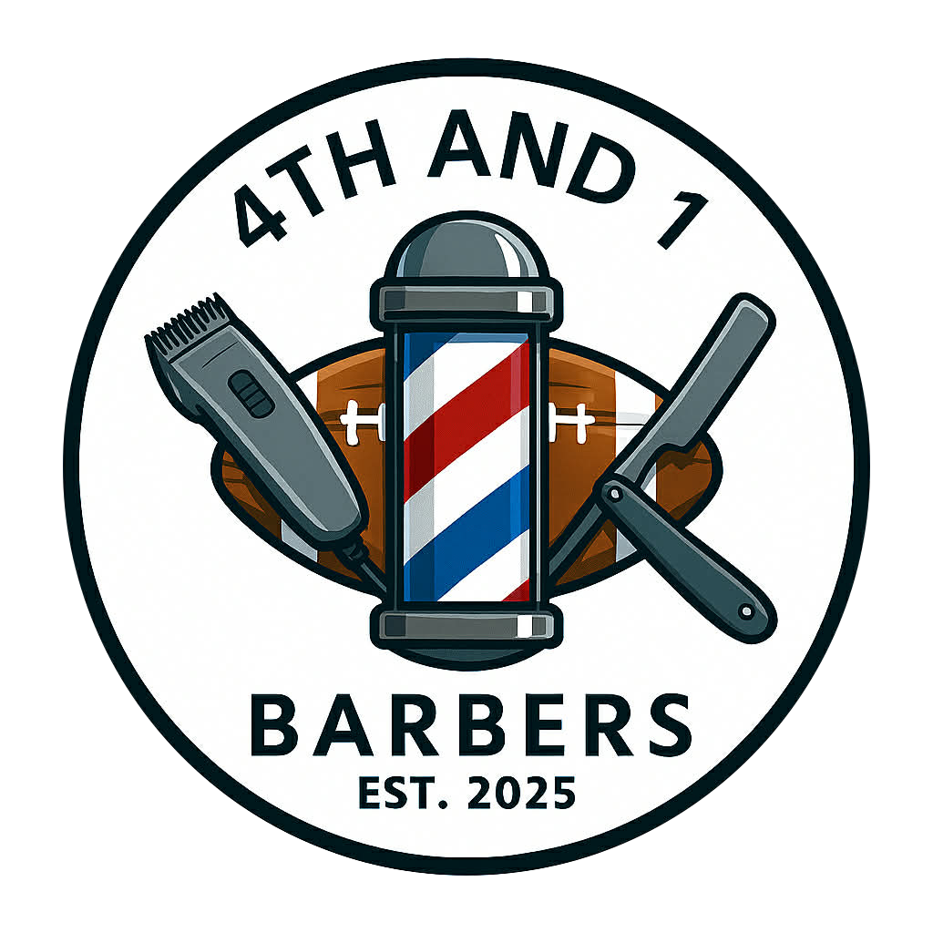 Logo for "4th and 1 Barbers": barber pole, football, clippers, straight razor. White, red, blue, and brown in a circle.