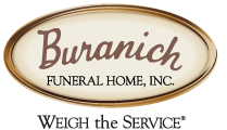Logo for Buranich Funeral Home, Inc. in brown and gold oval with slogan: 