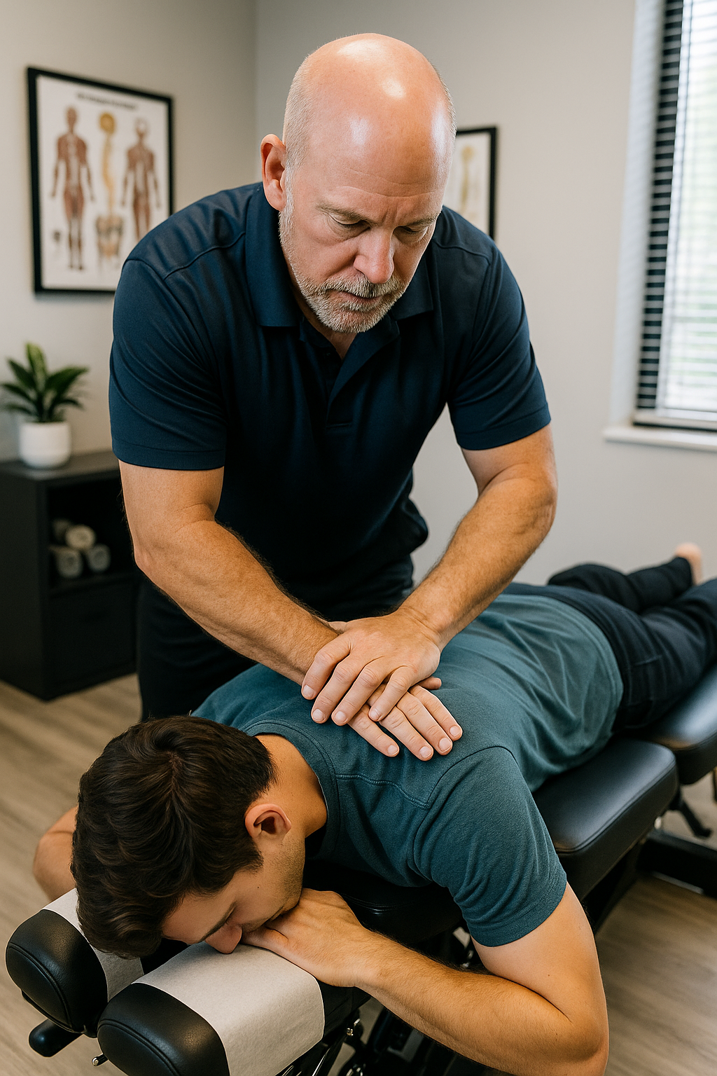 A photo-realistic scene of Dr. Mac adjusting a patient’s upper back on a chiropractic table for post