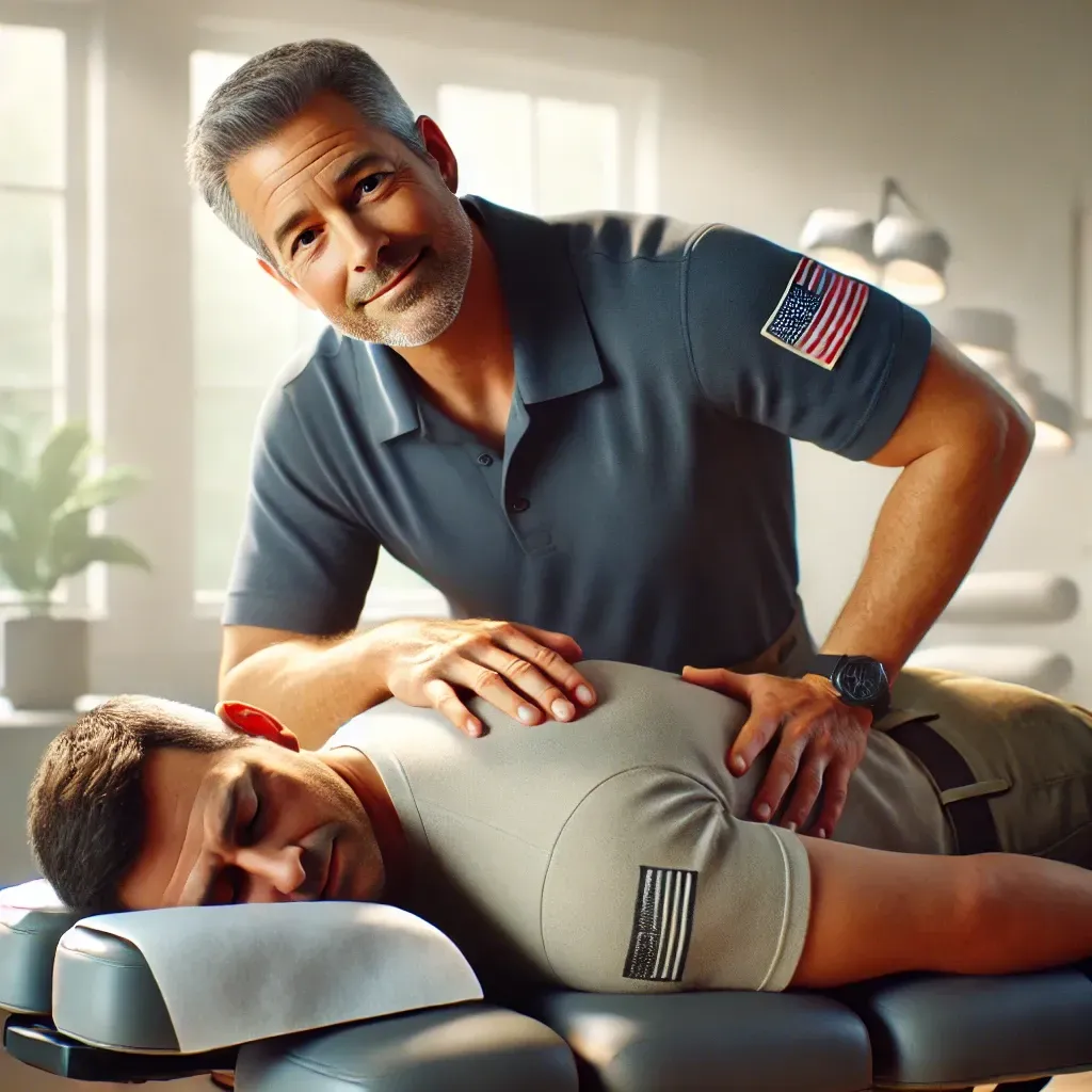 Dr. Mac, veteran chiropractor, treating a fellow veteran at McNamara Health & Wellnes
