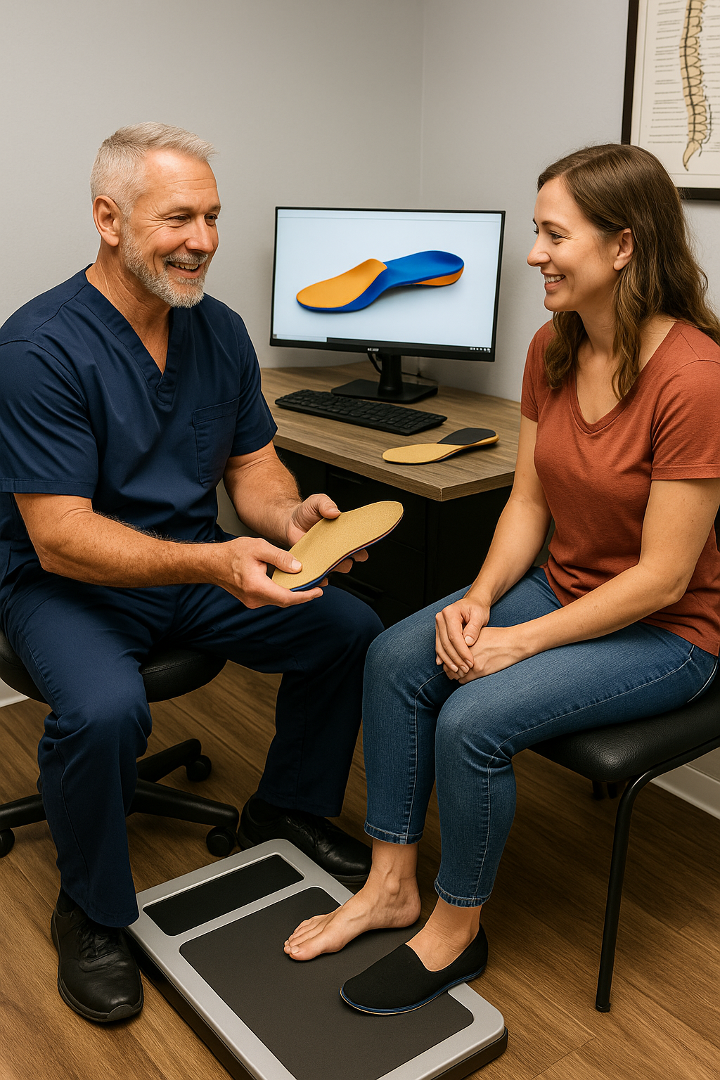 Patient receiving chiropractic care and orthotic fitting