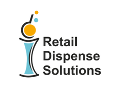 Logo for Retail Dispense Solutions: icon of a light blue hourglass shape with a yellow sphere and bubbles above, beside text.