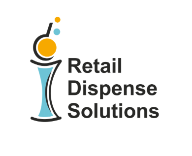 Logo for Retail Dispense Solutions, featuring an abstract beaker with orange and blue circles above and text.