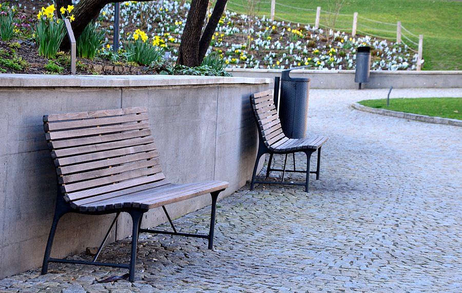 outdoor benches in the walkway