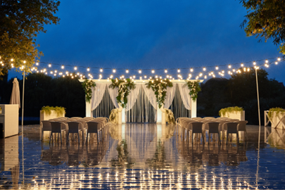 Wedding Ceremony Set up, light strings and sheer curtains