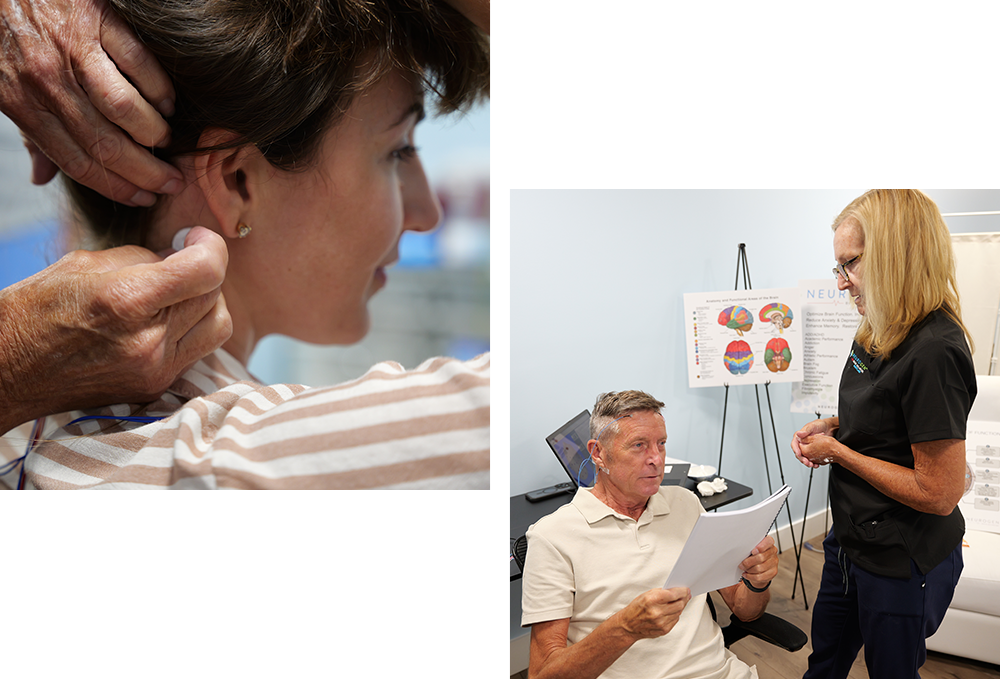 A man is getting his hair cut by a woman