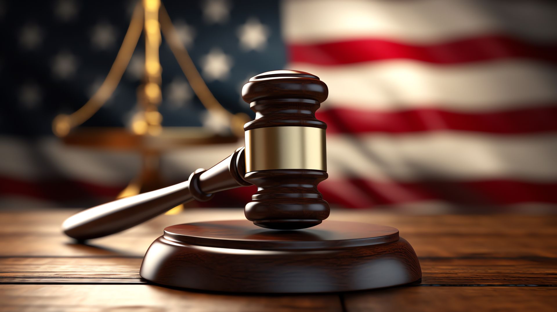 A judge 's gavel is sitting on a wooden table in front of an american flag.