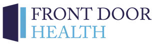 A blue and white logo for front door health.