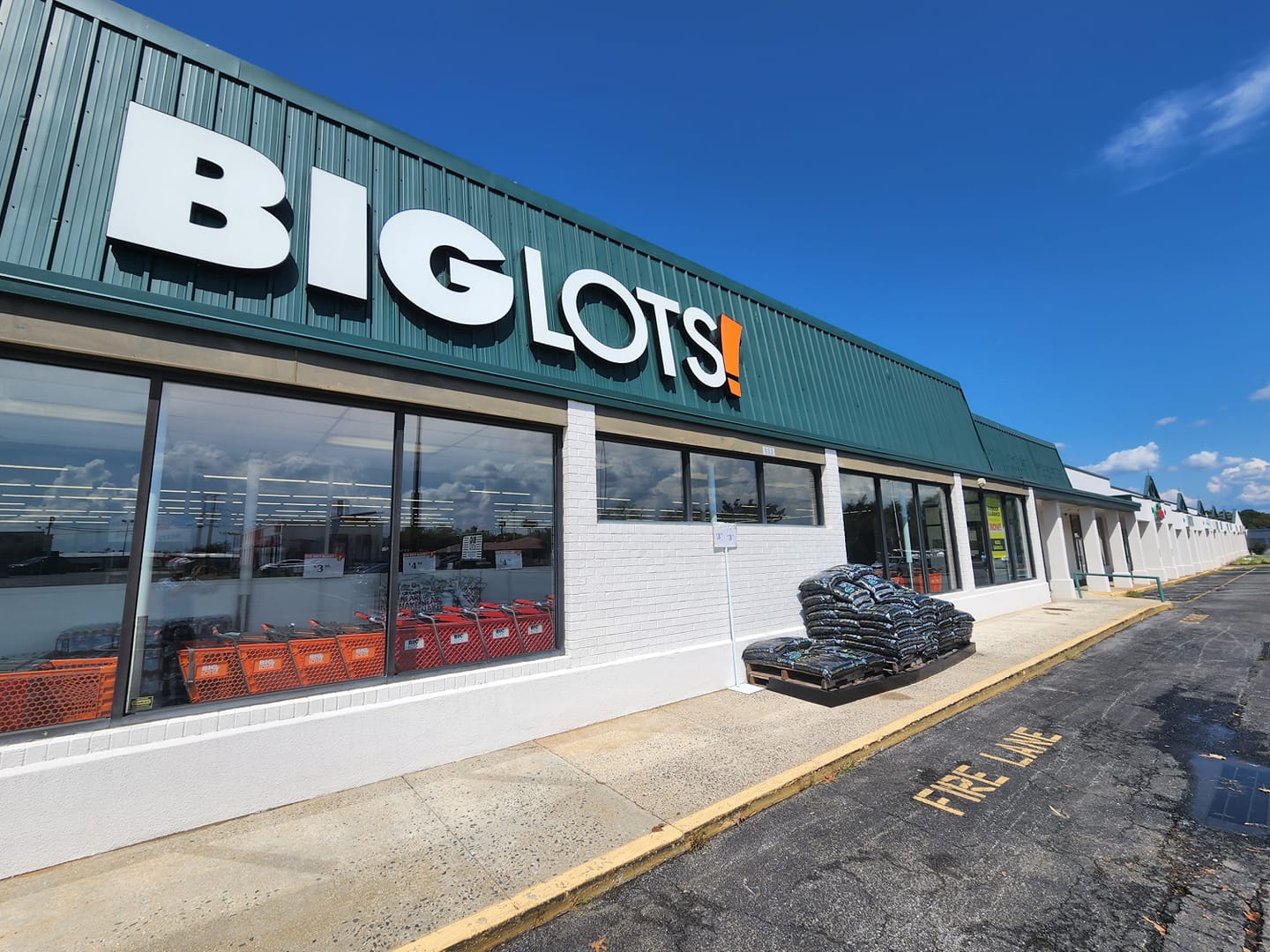 Big Lots store exterior, white brick with green roof, blue sky.