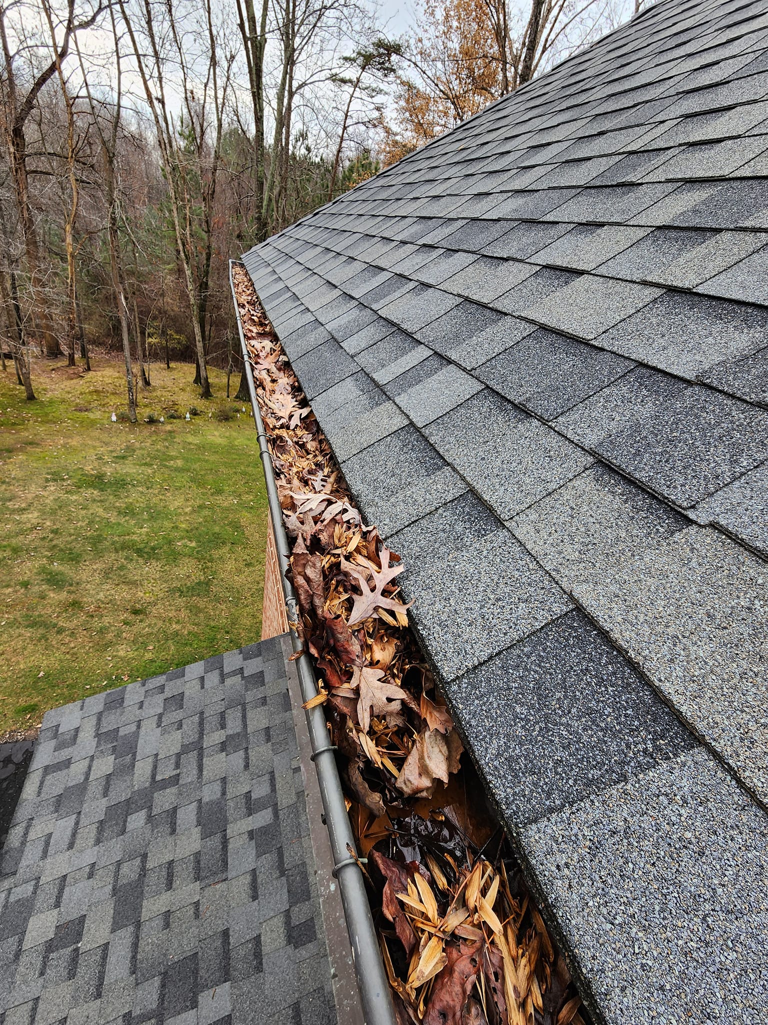 Roof gutter filled with dry leaves; house exterior, autumn season.