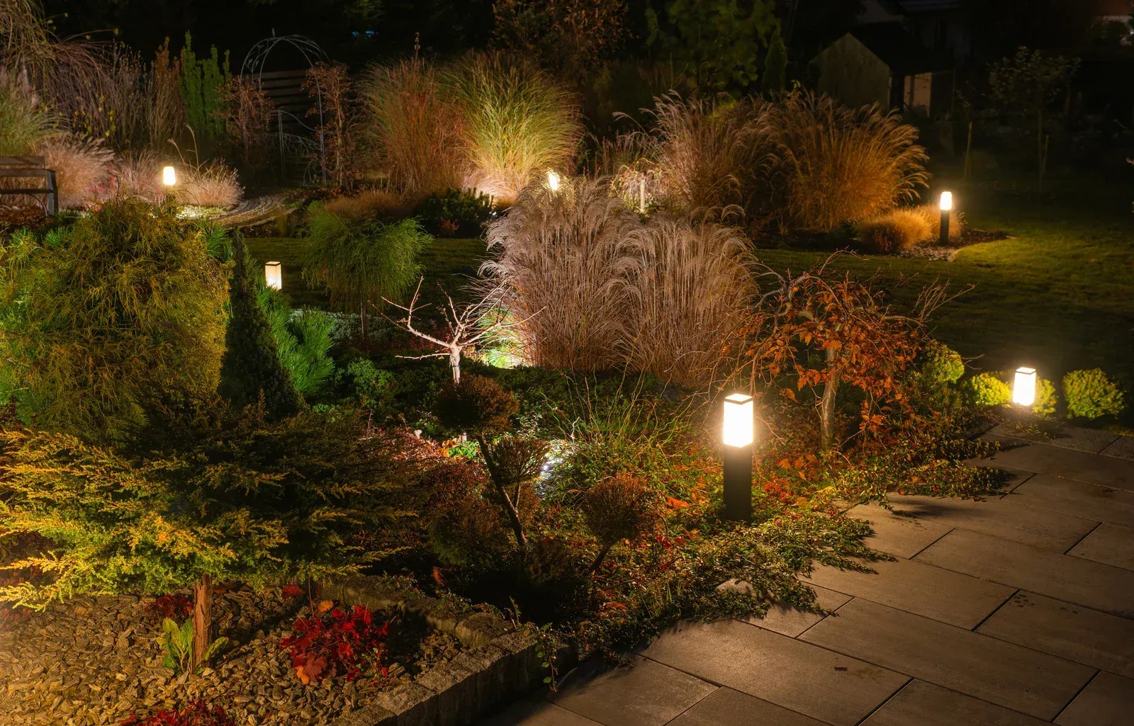 Night-lit garden with ground-level lamps illuminating bushes and plants along a stone path.