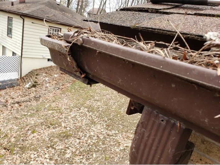 Brown gutter overflowing with leaves and debris; visible damage at the end.
