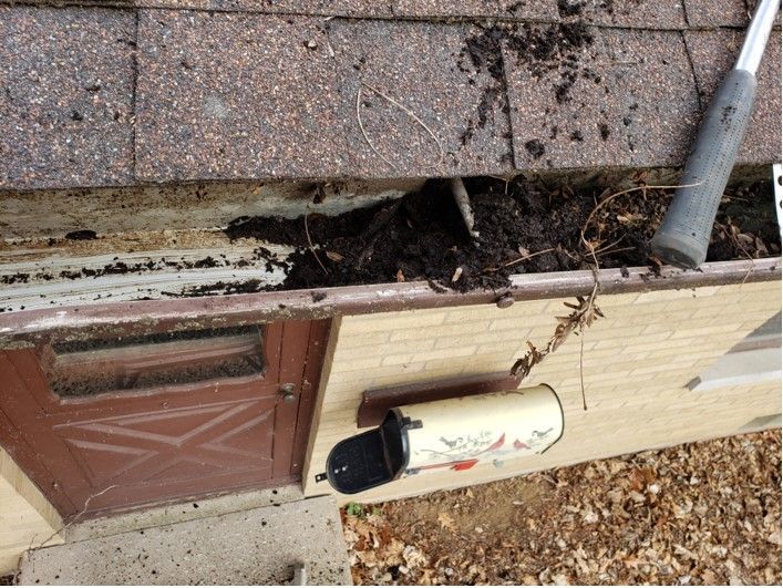 Gutter filled with debris next to a brown roof, a beige building and a mailbox.