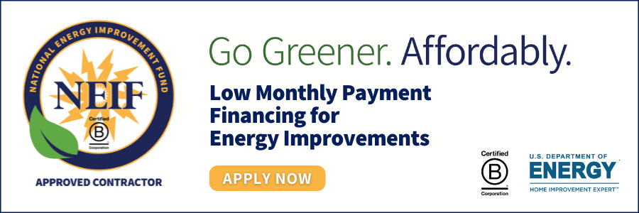 A banner that says go greener affordable low monthly payment financing for energy improvements