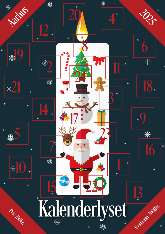 Julelys adventskalender med nummererede æsker og festlig pynt.