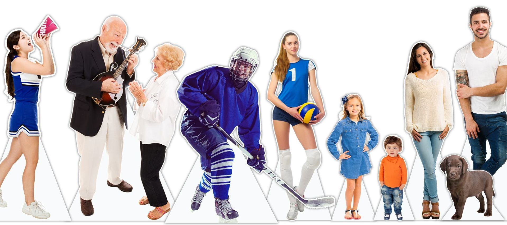 Various life-size cutouts of people, from violinists to hockey and volleyball players.