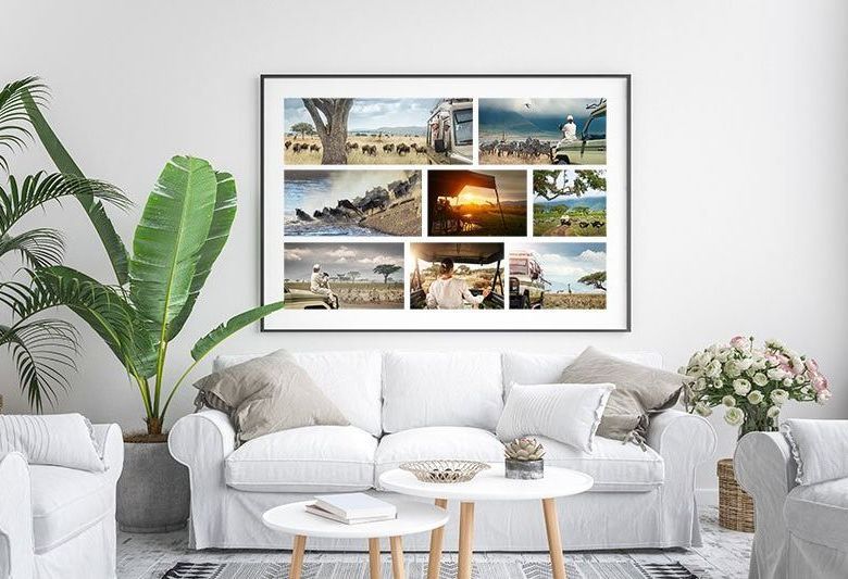 Large collage print of a trip to Africa hanging on wall in living room.