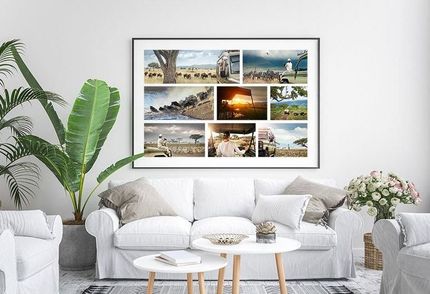 Large collage print of a trip to Africa hanging on wall in living room.