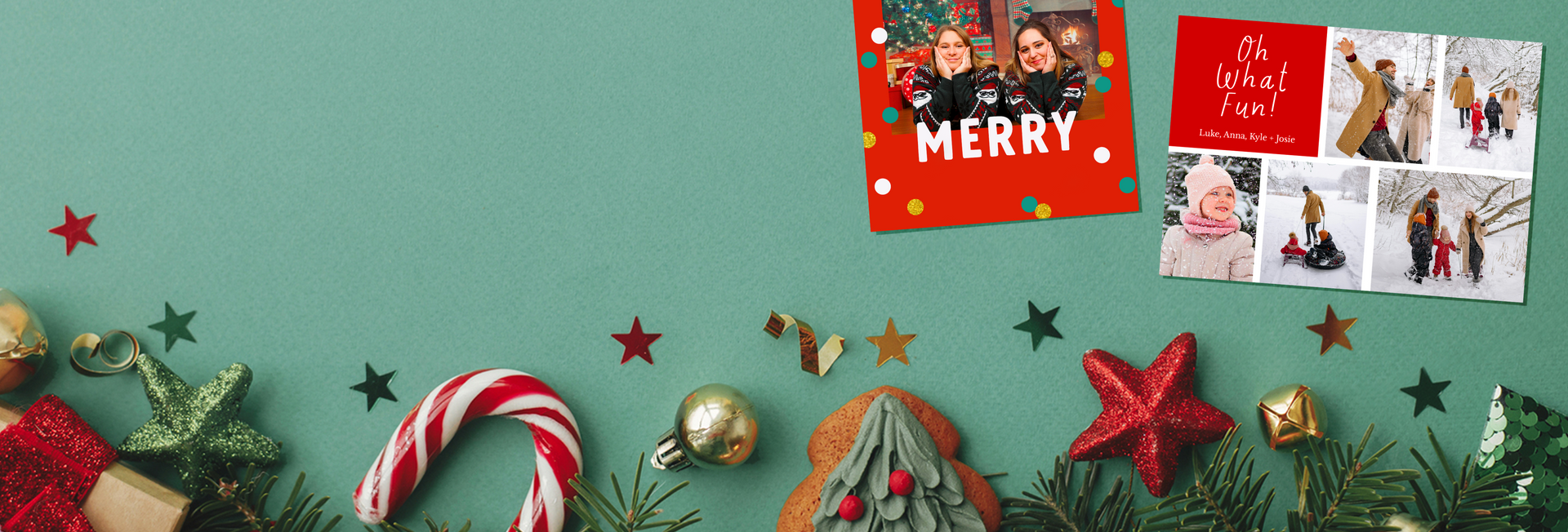 Green background with two holiday cards