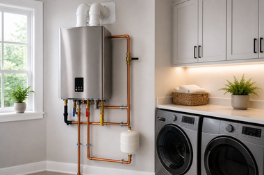 Utility room with a wall-mounted water heater, copper pipes, and a washer and dryer beneath white cabinets.