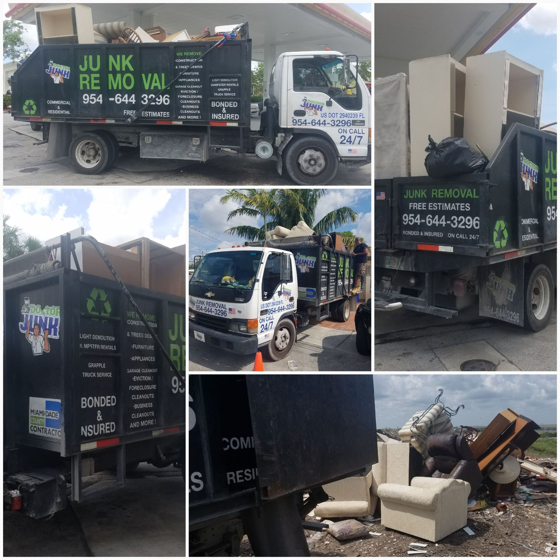 Junk removal trucks in various settings, loaded with debris. Trucks have company logo and phone number.