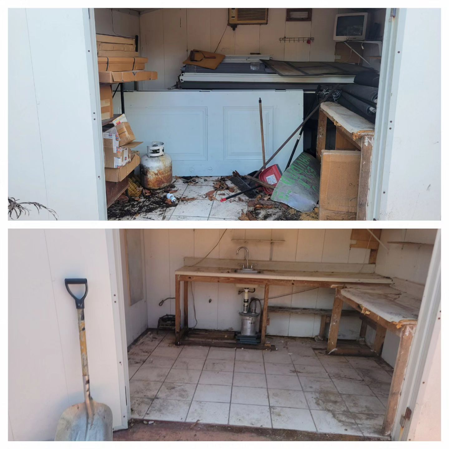 Top: Messy shed interior. Bottom: Cleaned shed with shovel outside.