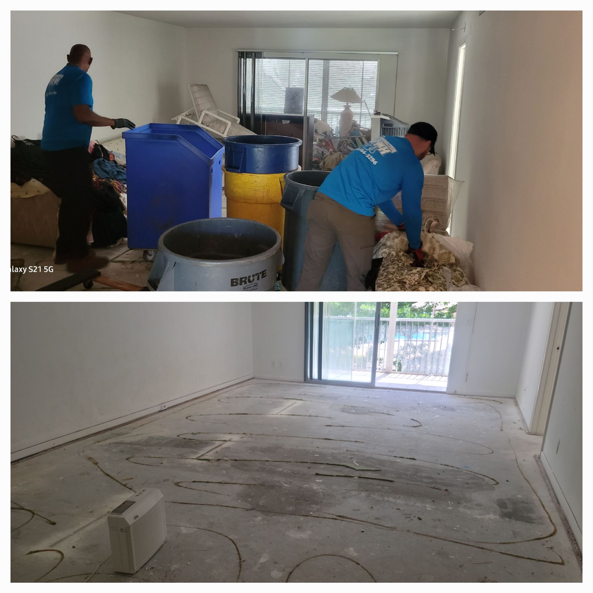 Two men removing debris from a room, then a view of the cleared room with marked floor.