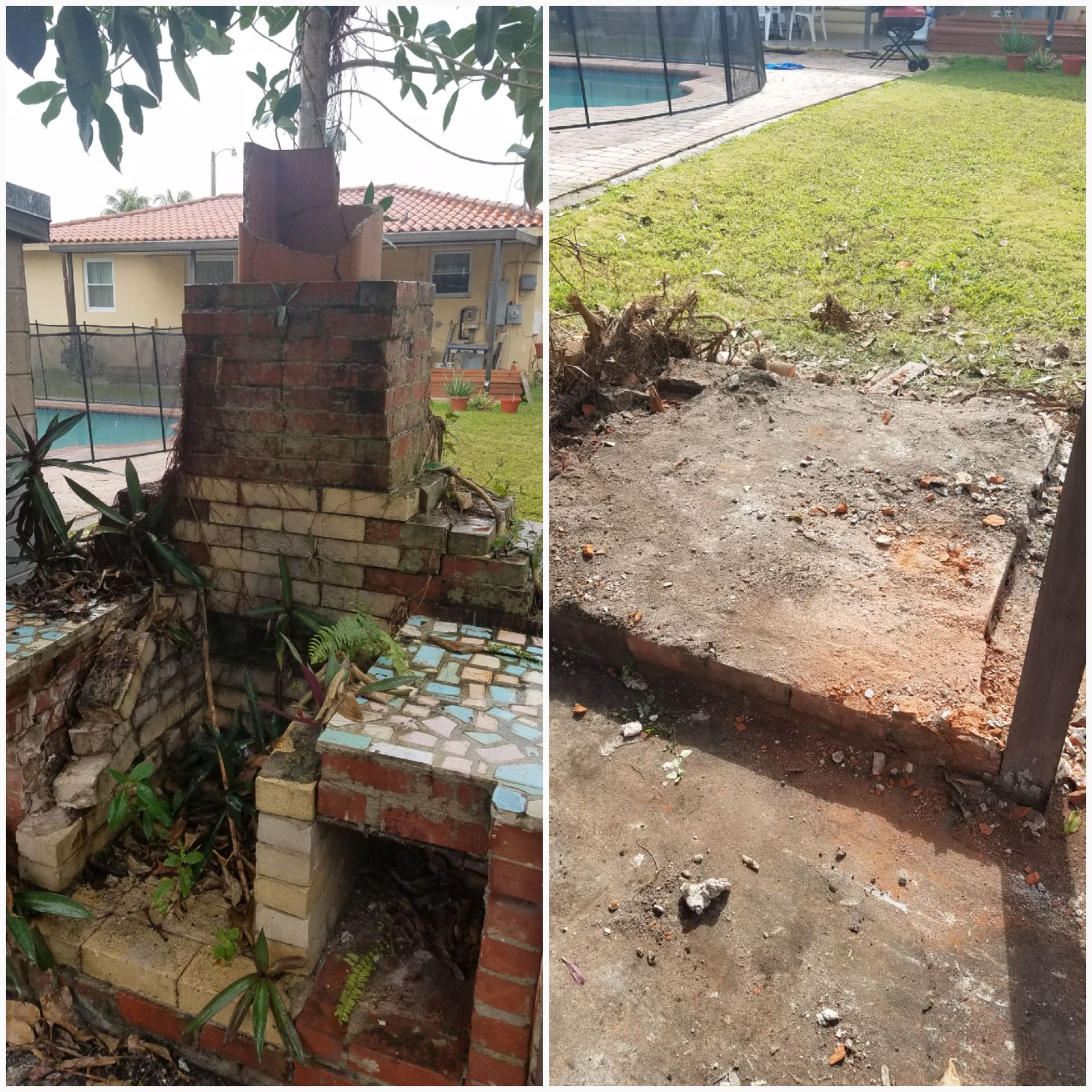 Before-and-after of a brick outdoor fireplace, now demolished. Green grass and a pool are in the background.