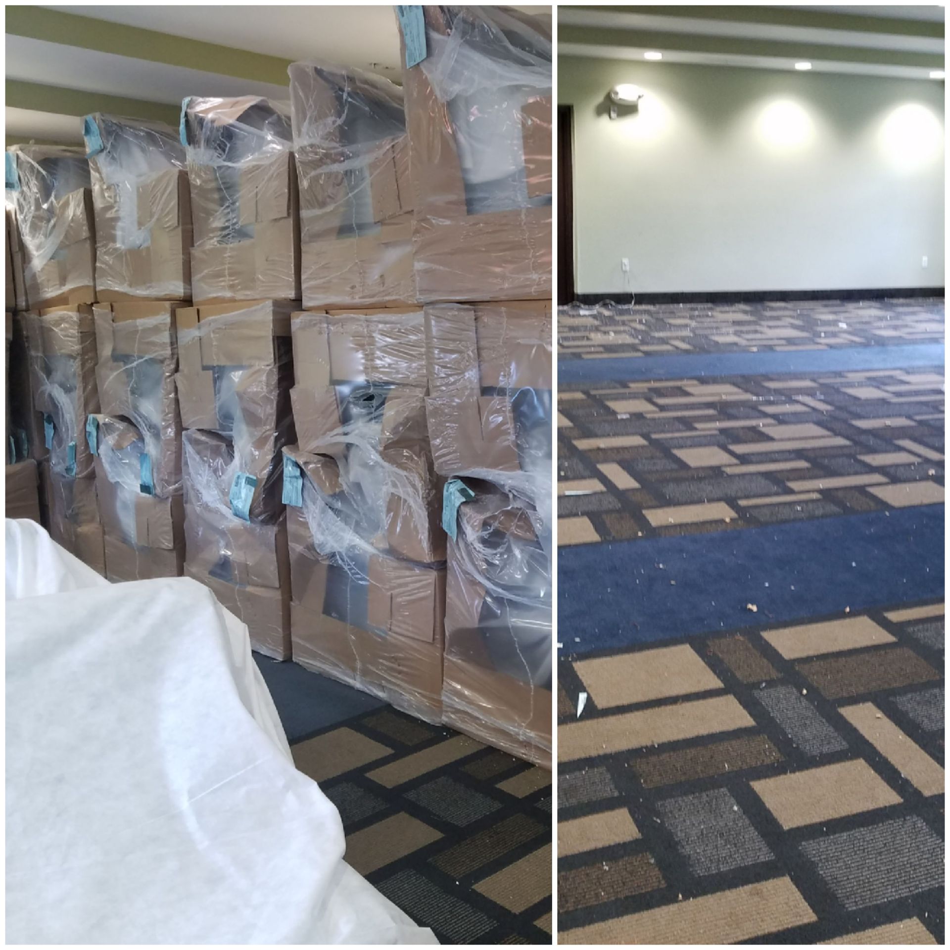 Left side: Stacked boxes wrapped in plastic. Right side: Empty room with patterned carpet and wall lights.