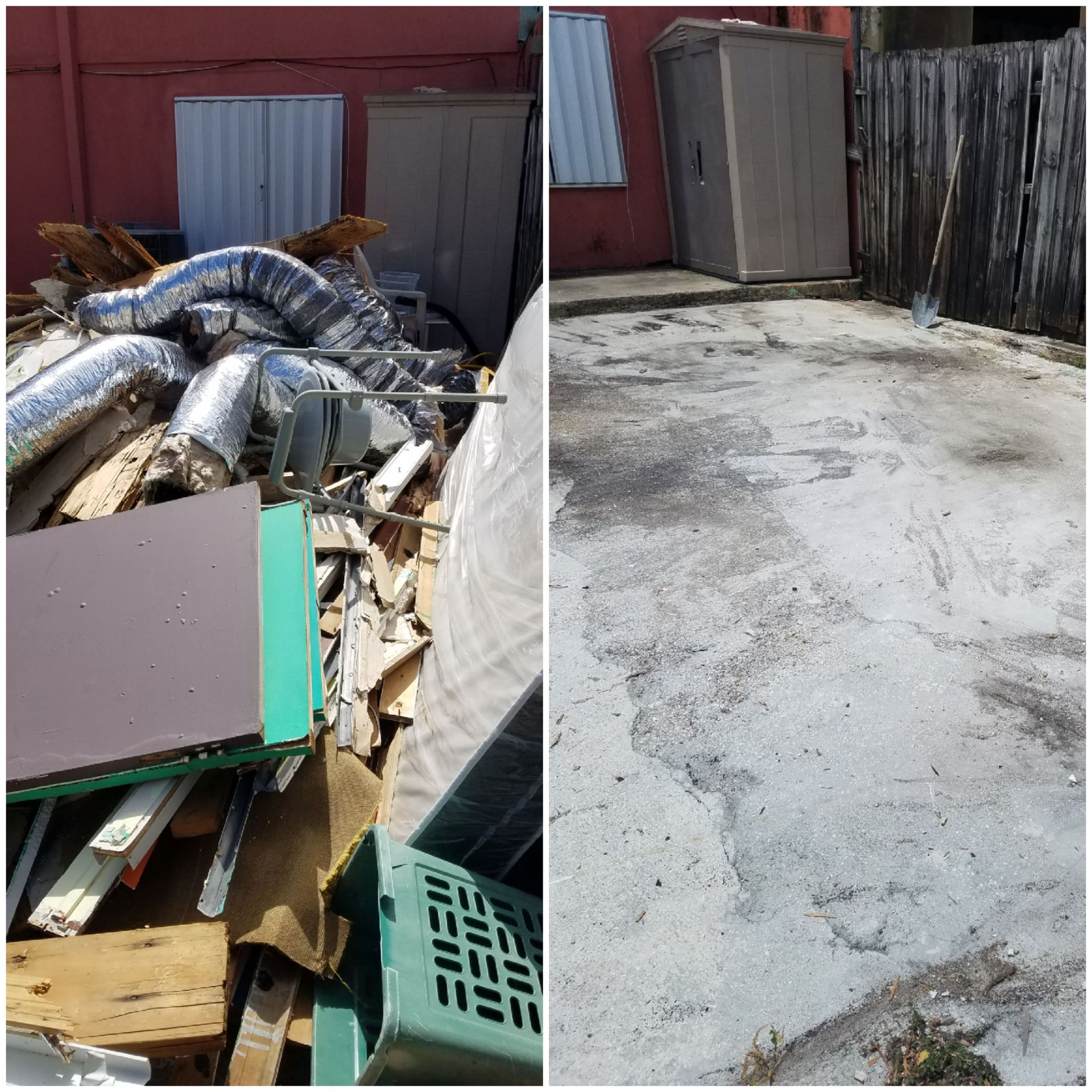 Before and after shots: a cluttered pile of trash next to a clean concrete area.