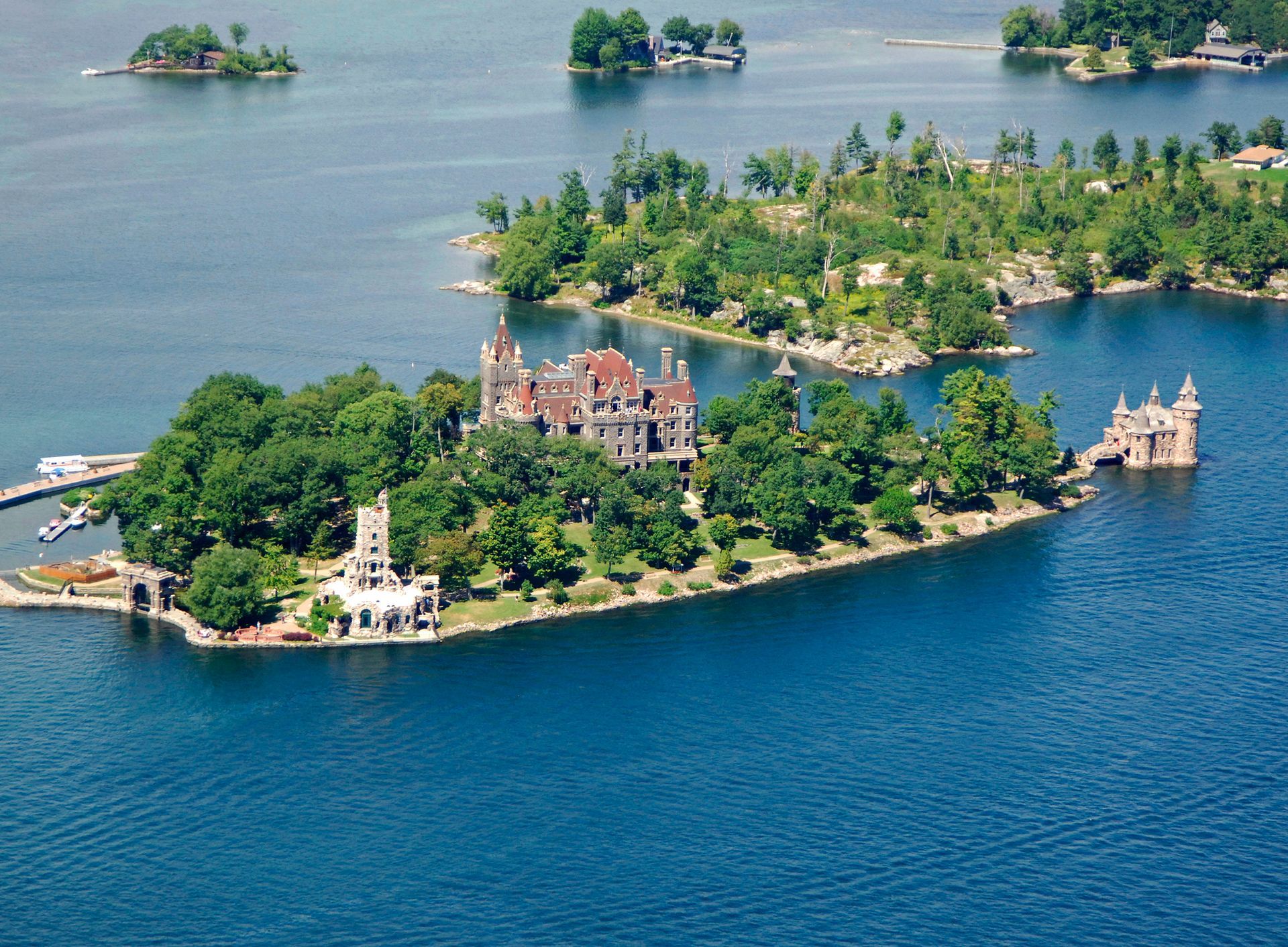 An aerial view of a large island in the middle of a lake