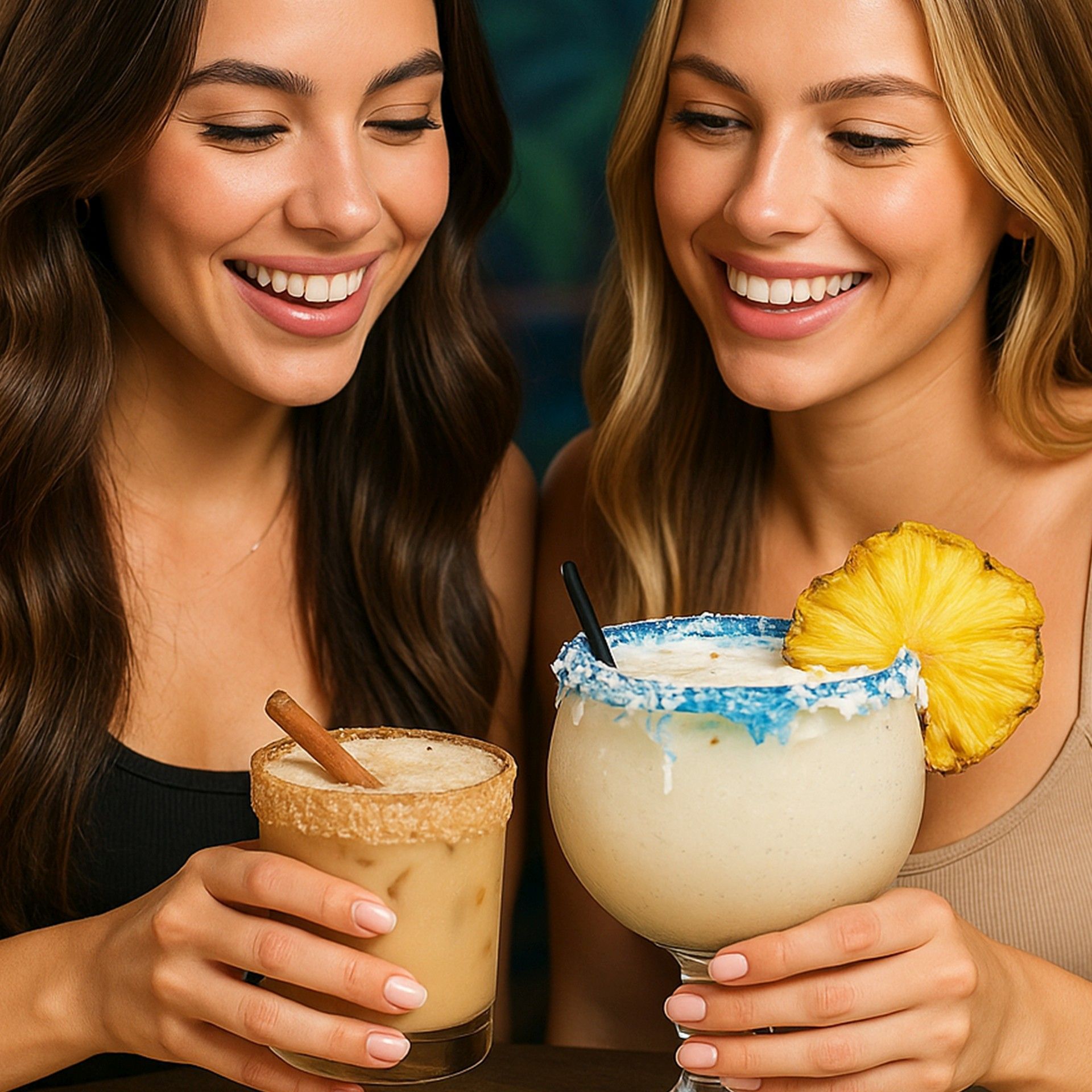 Two women smiling, holding cocktails. One with cinnamon, the other with pineapple garnish.