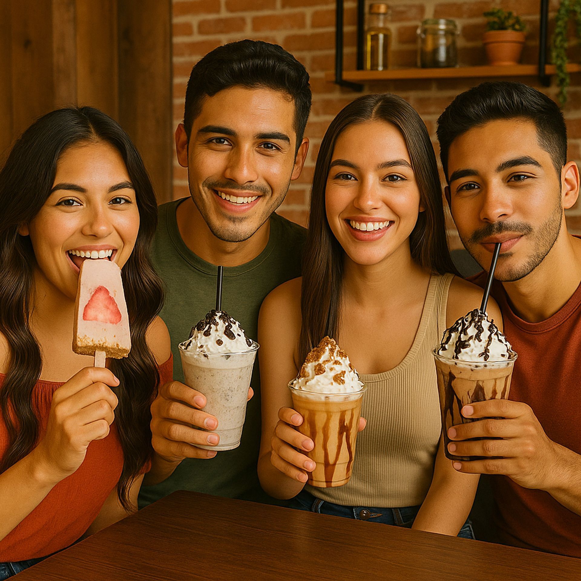 Four people smiling and holding treats in a cafe; one with a popsicle, three with milkshakes.