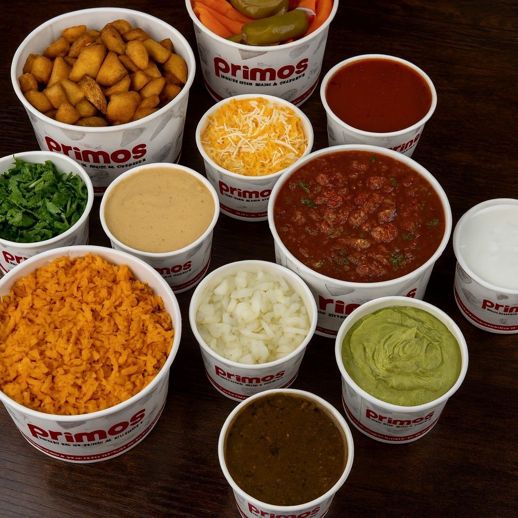 Assortment of Primo's food sides: potatoes, cheese, salsa, guacamole, onions, cilantro, carrots, sauces, pickles.